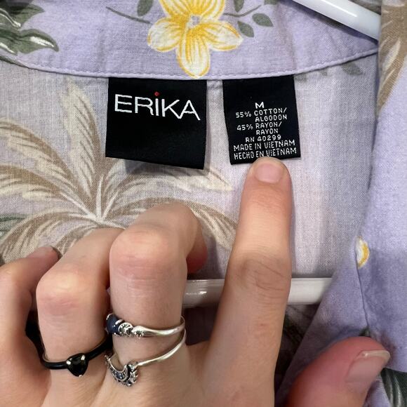 Vintage Y2K 90s Erika Tropical Floral Palm Tree Pocket Hawaiian Shirt Sz Medium - Picture 2 of 6